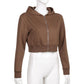Brown Zip Hooded Sweatshirt Jacket Top Oversized Hoodie Retro Pocket Woman Clothes Long Sleeve Pullover