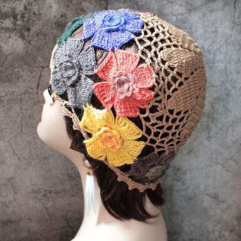 Gradient Stereo Flower Bag Head Hat Woman National Handmade Crochet Knit Hat Openwork Towel Hat