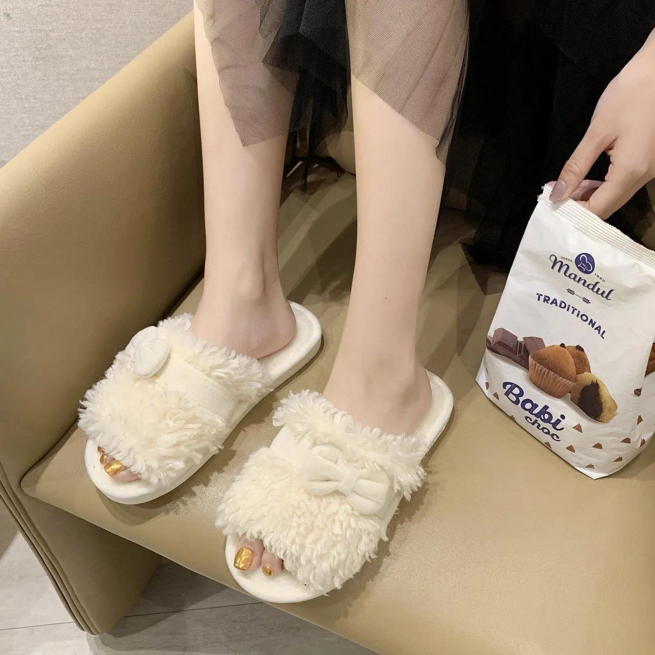 Women's Autumn and Winter Fashion Cotton Slippers with Bow Design Slippers Indoor and Outdoor Casual Flat Shoes Soft Shoes