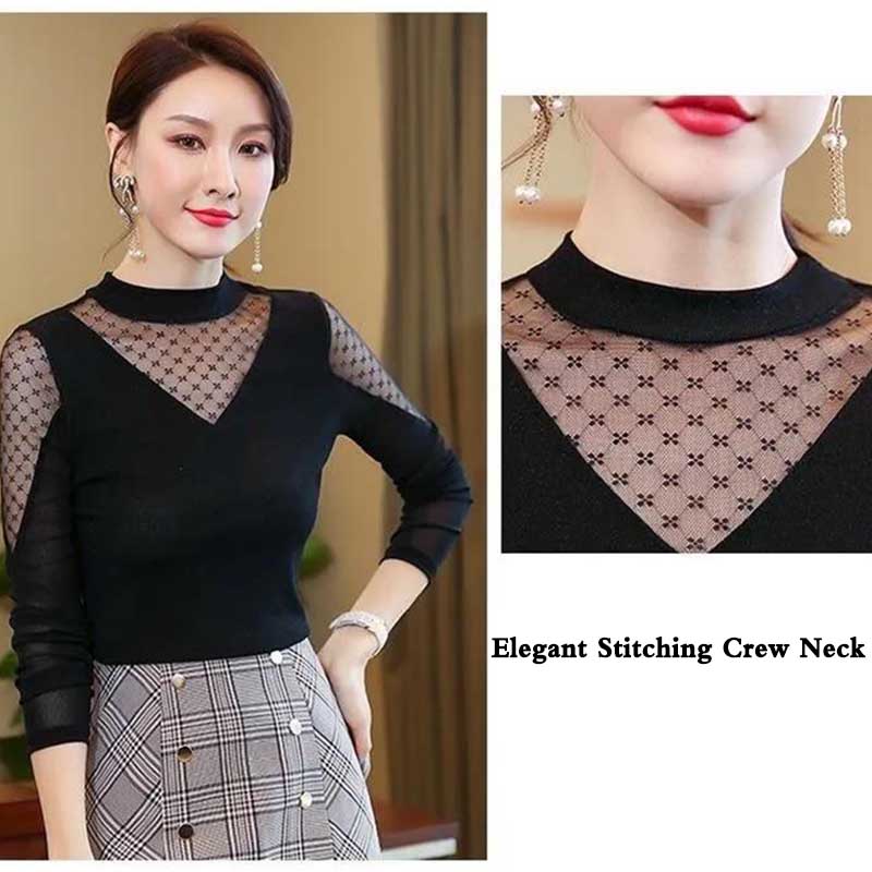 Shirt Women's Thin Spring and Summer Mesh Bottoming Shirt Long-sleeved Sexy Black Inner T-shirt