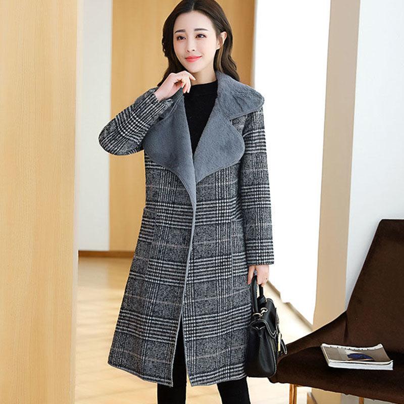Woolen Coat Women's Mid-length Autumn and Winter Korean Style Plus Velvet Thickened Over The Knee Houndstooth Plaid Coat