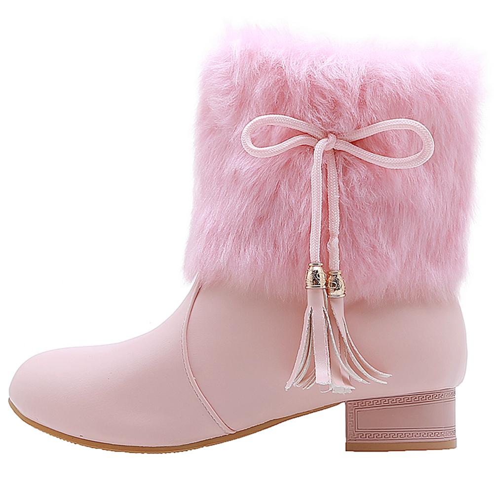 Snow Boots Short Plush Fleeces Square Heel Round Toe Slip On Solid Mid Calf Butterfly Knot Winter Boots Woman