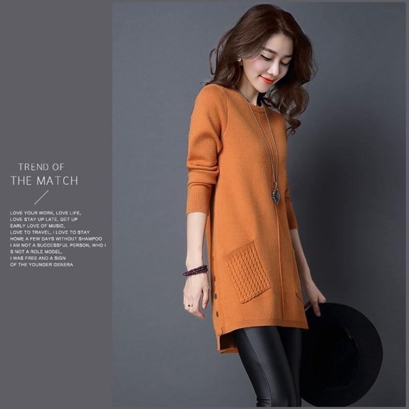 Women's Mid-length Pullover Sweater Loose Simple Irregular Hem Bottoming Sweater  Knitted Sweater Dress  with Pockets