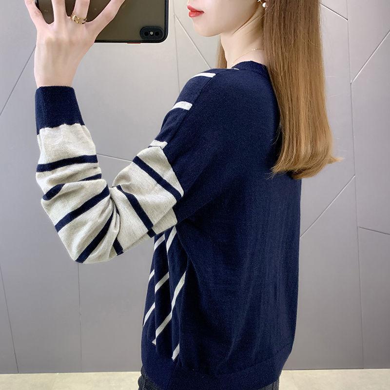 Loose Casual Autumn and Winter Knitted Bottoming Shirt Women's V-neck Striped Button Plus Size Sweater