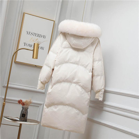Women's Mid-length Down Jacket Wild Loose Thick Fluffy Big Fur Collar Hooded White Duck Down Jacket Warm Winter Thick Coat