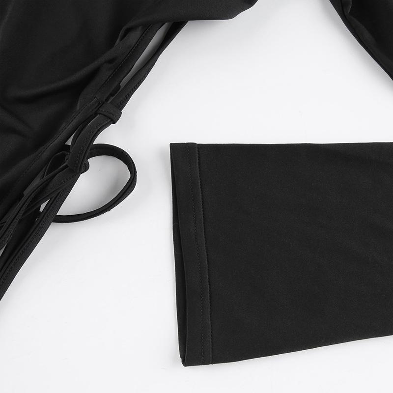 Bodysuit Long Sleeve Slim Sexy Gothic Rompers Lace Up Square Collar Dark Hollow Out Rhinestone Punk Streetwear