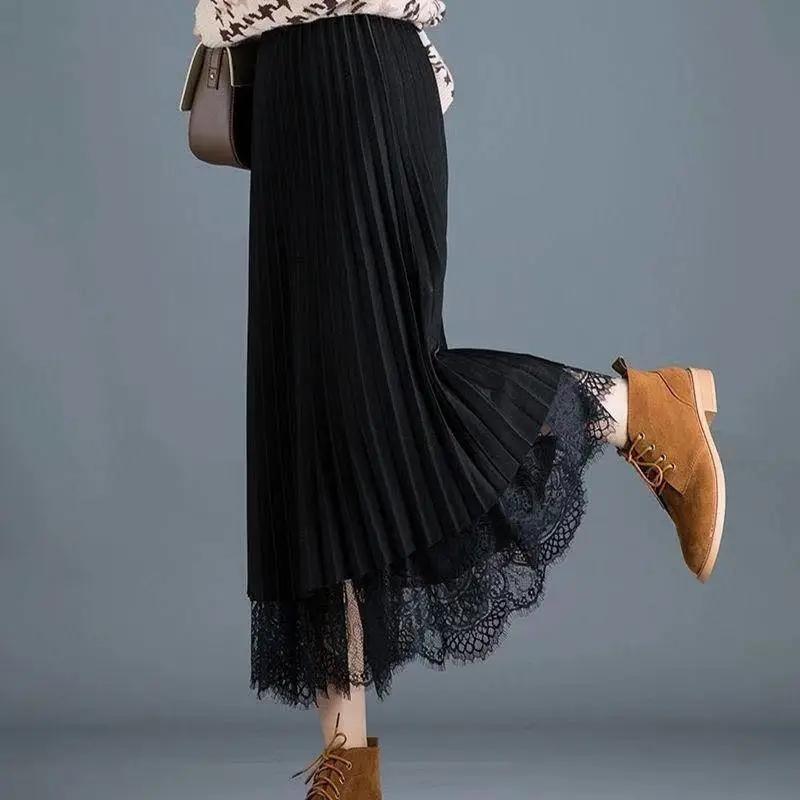 Double Side Wearable Lace Pleated Skirt Women's Large Size High Waist Mid-length Slim Mesh Skirt A-line Pleated Lace Long Skirt