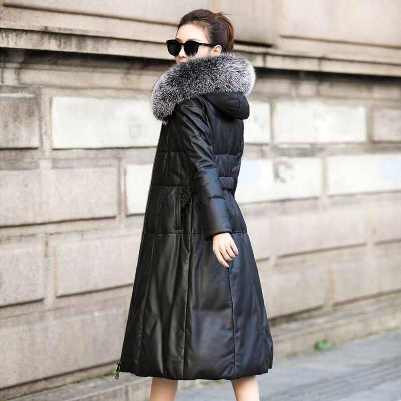 Winter Plus Size Haining Leather Coat Long Fox Fur Collar Cotton Jacket Long Ladies Leather Tide