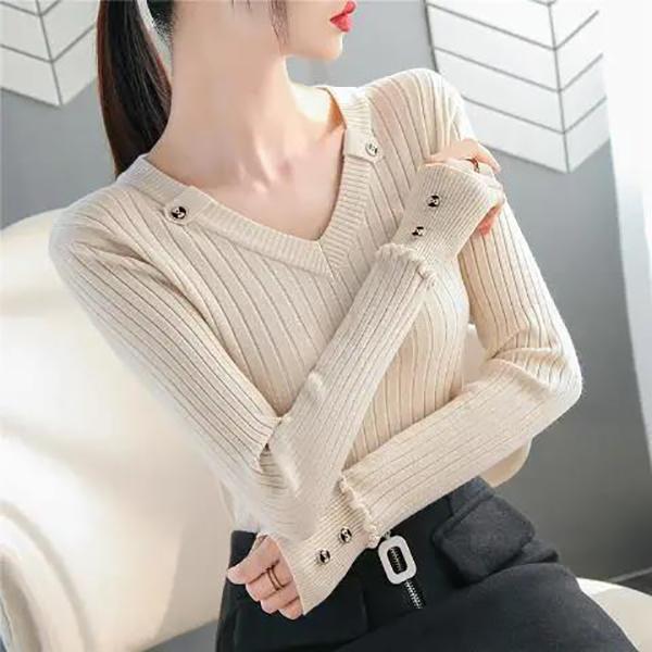 Women's V-Neck Knit Sweater Fashion Slim Solid Color Sweater Outer Wear Pullover