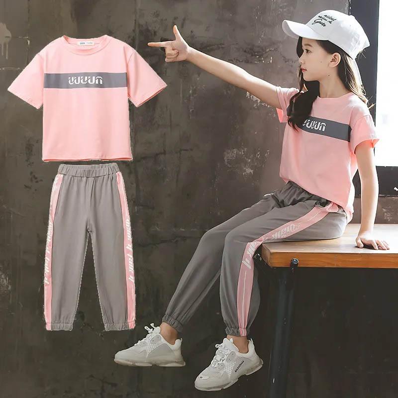 Girl Teenage Children's School Clothing Fashion 2pcs T-shirt and Harem Pants Children Casual Sets Summer Suits Girl Sports Clothes