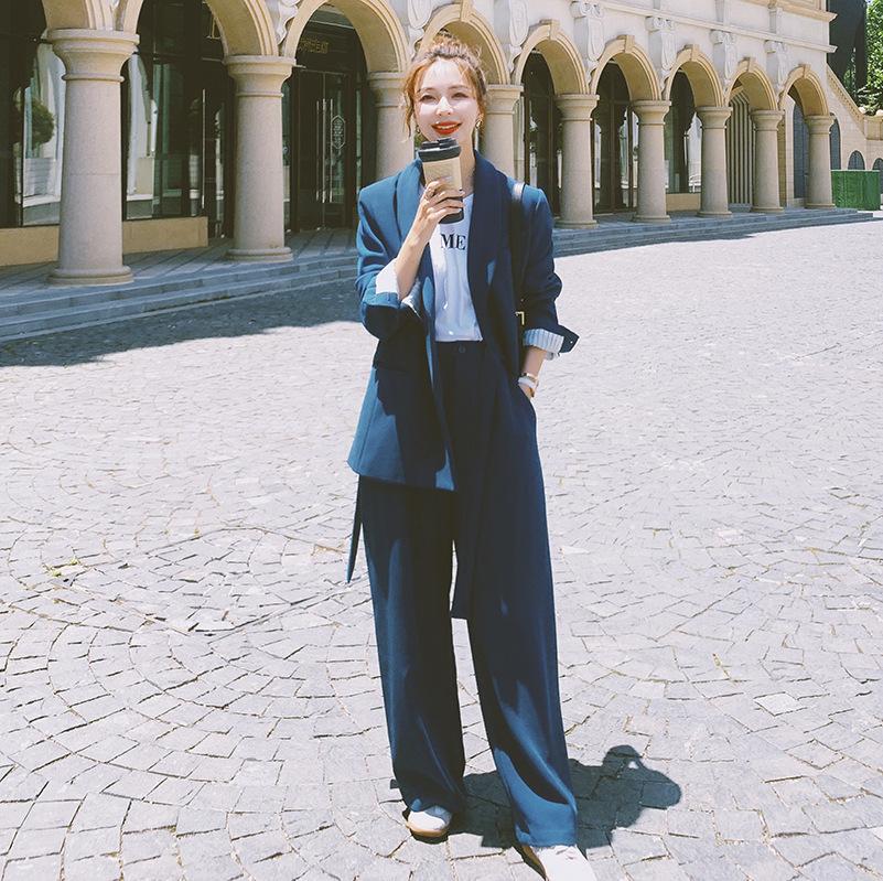 Women Suit Tie Button Waist Blazer and Wide Leg Trousers 2 Piece Set | Korean Fashion Top and Bottom Set Women Suits Jacket Pants Chic Style