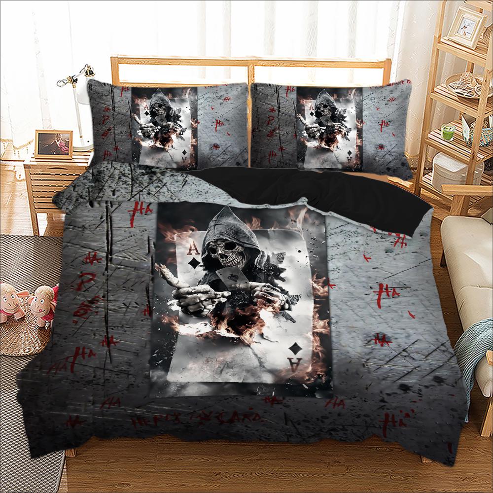 Quilt Set 3pcs Skull Bedding Set Sheet Set Knitted Textile Comfortable Duvet Clown Play Poker
