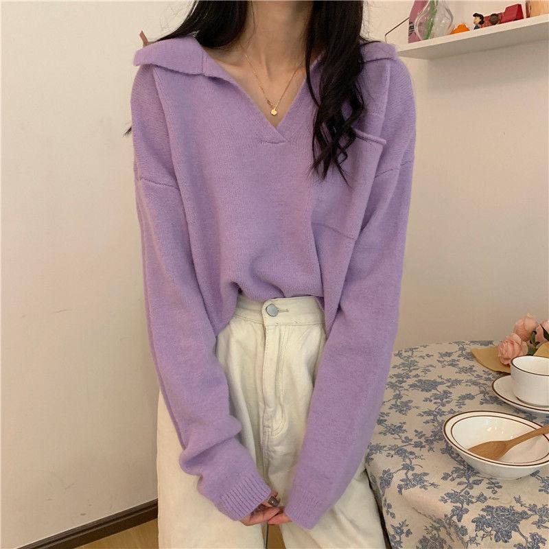 Autumn and Winter Students Lazy Wind V-neck Long-sleeved Sweater Loose Outer Wear Pullover Sweater Women