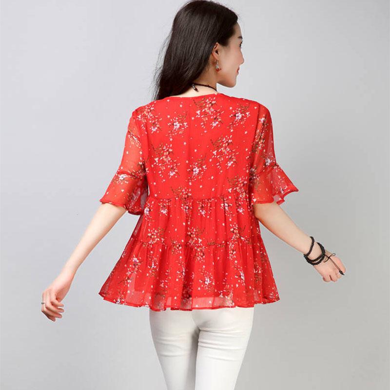 Chiffon Shirt Short -sleeved Large Size Women's Shirt Floral Loose T-shirt Round Neck Shirt