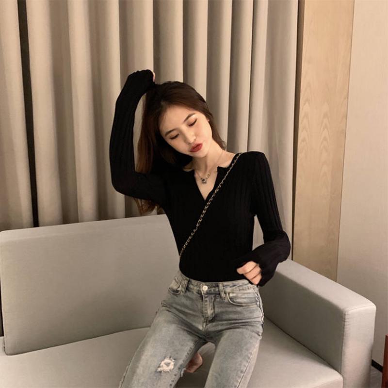 Pofulove Fashion Sexy V-neck Sweater Women Autumn and Winter Solid Color Long-sleeved Shirt