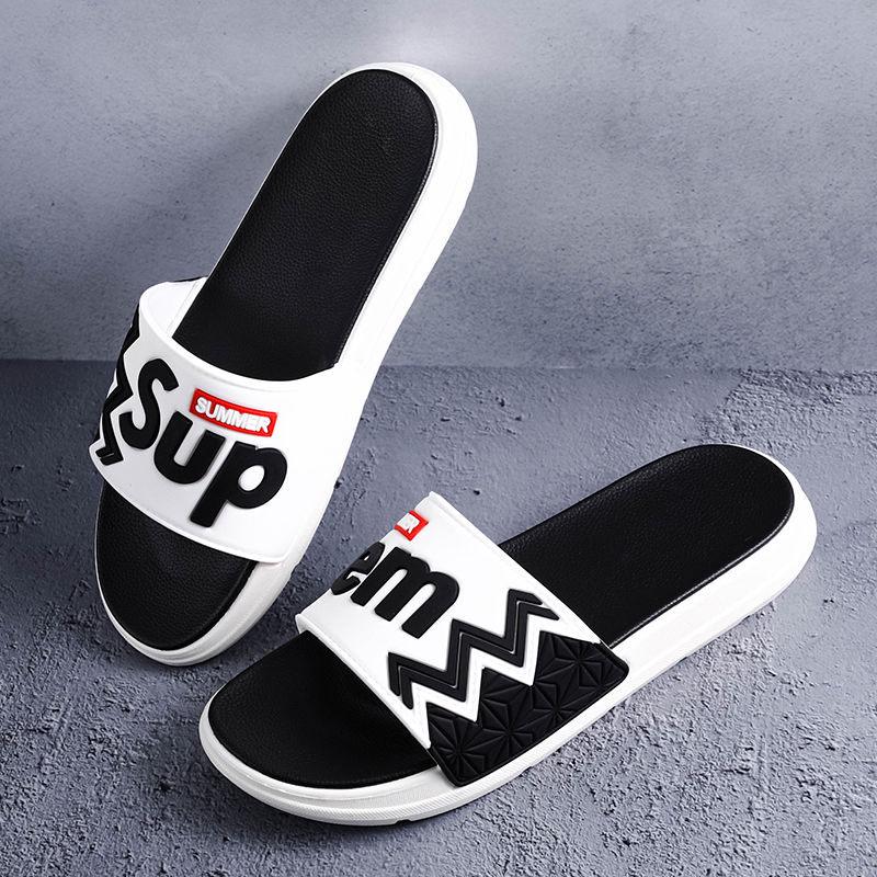 Size40-45 Summer Men Sandals Comfortable Non-slip Rubber Letter Stripe Beach Slippers Casual Outdoor Slippers Drag Flip Flops