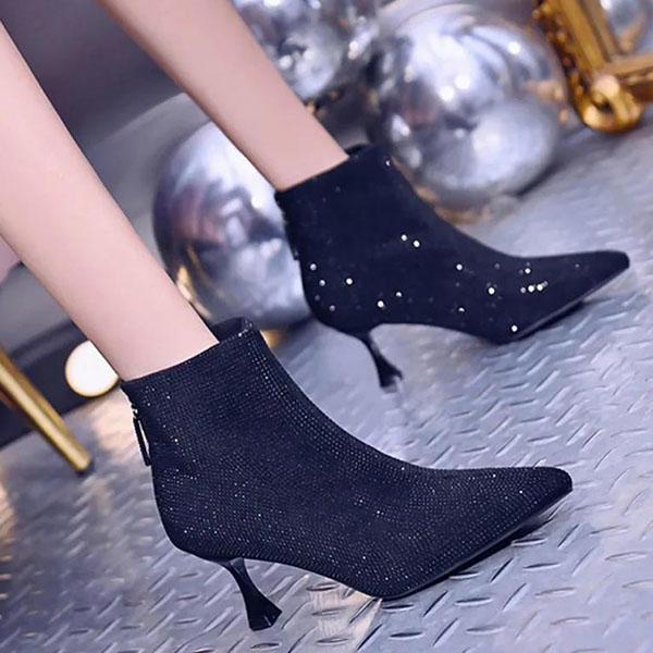 Women's Fall and Winter Party Single Boots Female Large Size Solid Color Rhinestone High-heeled Shoes