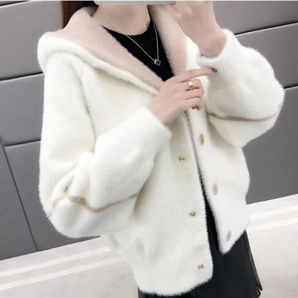 Loose Hooded Long Sleeve Sweater Autumn and Winter Button Cardigan Warm Top Mink Fleece Fashion Casual Jacket