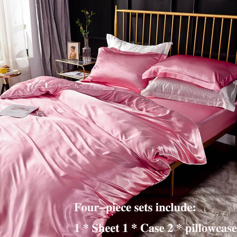 Ice Silk Four-piece Double-sided Silk 1.5 M 1.8 M Bed Pillow Linen Is Set In A Sleeve Bed Supplies Simple Solid Color