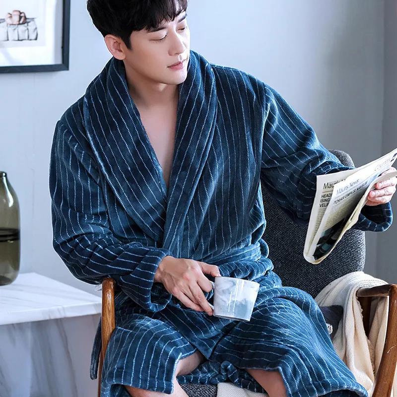 Plus Size Men Cashmere Bathrobe Long Robe Coat Shawl Bathrobe Absorbent and Quick-drying Home Clothes