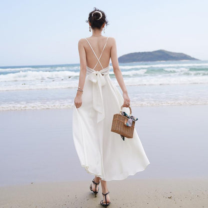 Summer New Style Female Slim Mid-length Halter Slim V-neck High-waist Seaside Holiday Suspender Dress