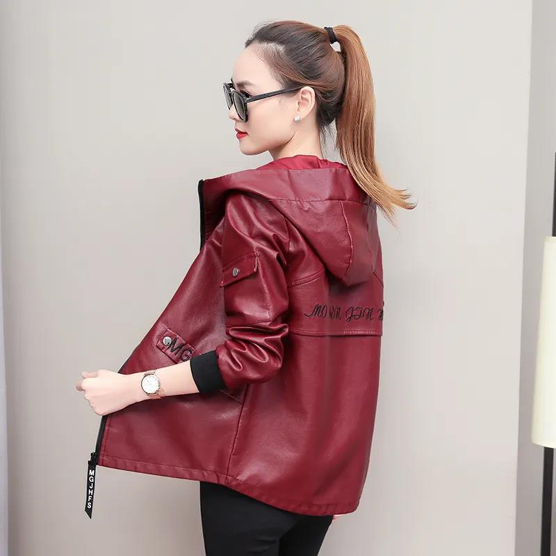 Autumn and Winter Fashion Slim Hooded Leather Ladies Short Jacket Pu Jacket Women's Motorcycle Jacket