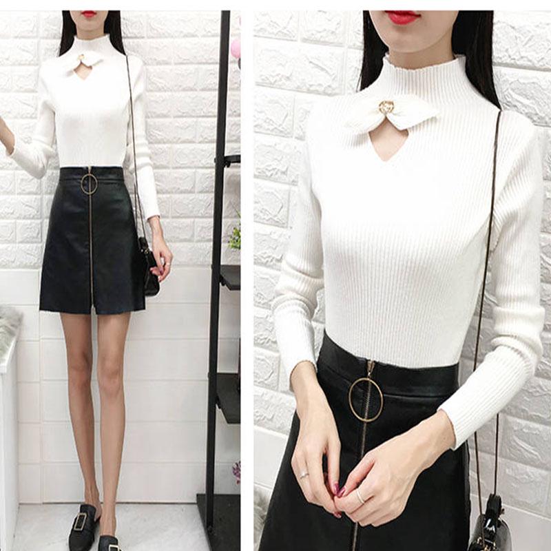 Women turtleneck sweater warm bow hollow Slim bottoming Knitted sweater pullover coat short Winter