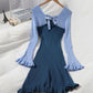 Sweet Wood Ear Knitted Skirt Autumn Stitching Contrast Color Exposed Clavicle Dress