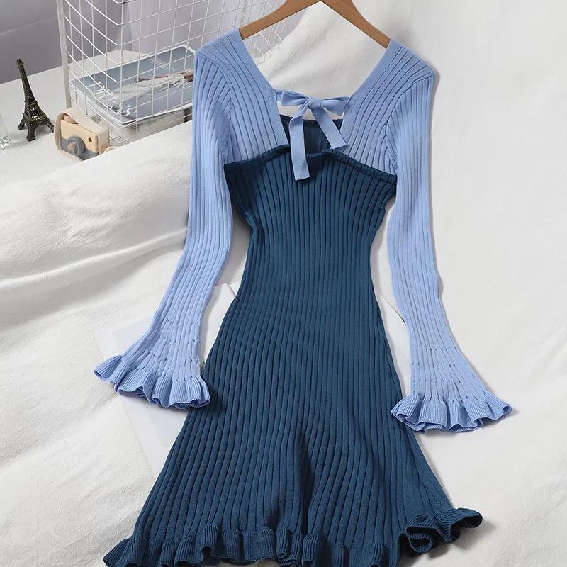 Sweet Wood Ear Knitted Skirt Autumn Stitching Contrast Color Exposed Clavicle Dress