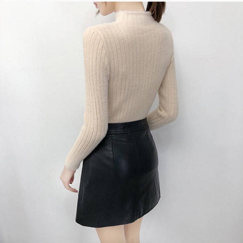 Pofulove Faux Mink Fleece Sweater Short-fitting Winter Jacket Half Turtleneck Bottoming Shirt