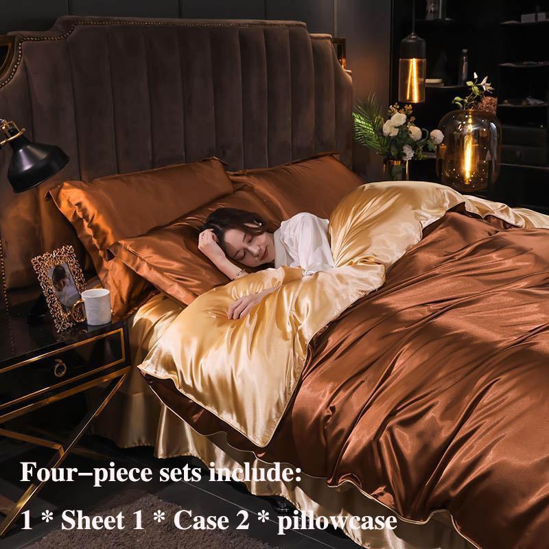 Ice Silk Four-piece Double-sided Mulberry Sleeper Sleeve Sheet Is Sleeved In Bedding Simple Solid Color