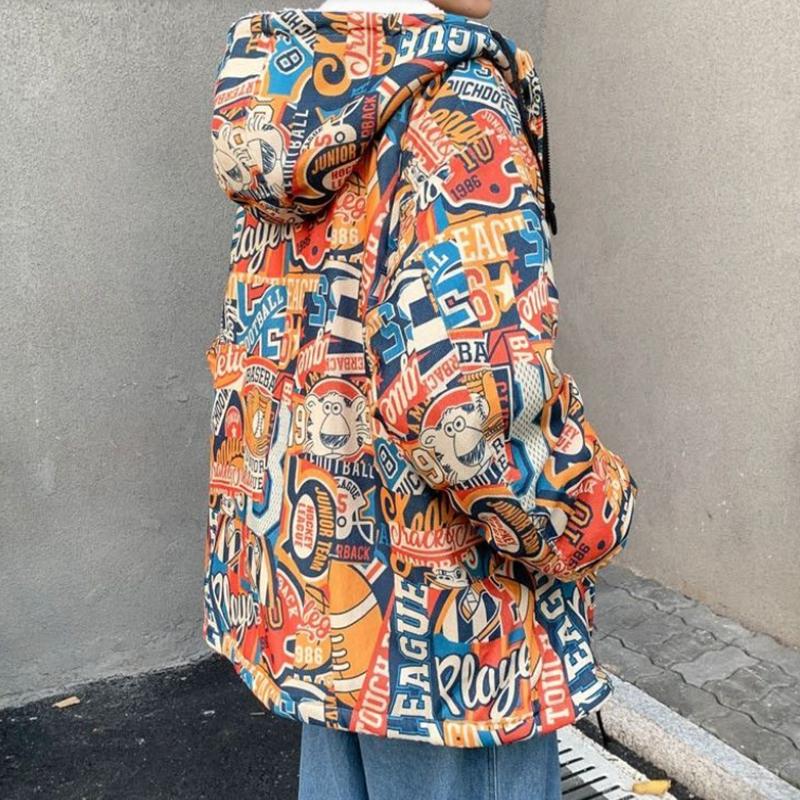 Graffiti Lamb Wool Coat Men's Winter Trend Plus Velvet Thick Loose Large Size Cotton Coat Padded Jacket