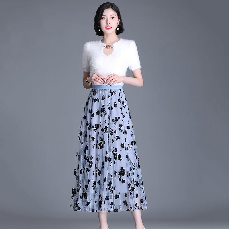 Gauze Skirt Female Floral Fairy Skirt Pleated A-line Skirt Mid-length High Waist Slimming Mesh Skirt Women's Skirt