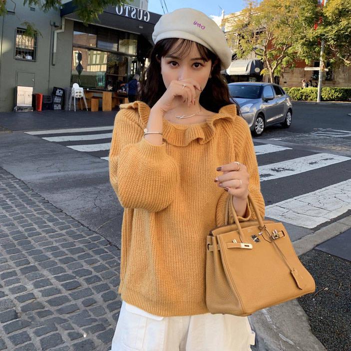 Pofulove Women Ruffles Strapless Sweater Knitted Shirt Showing Your Sexy Clavicle Pullovers Jumper