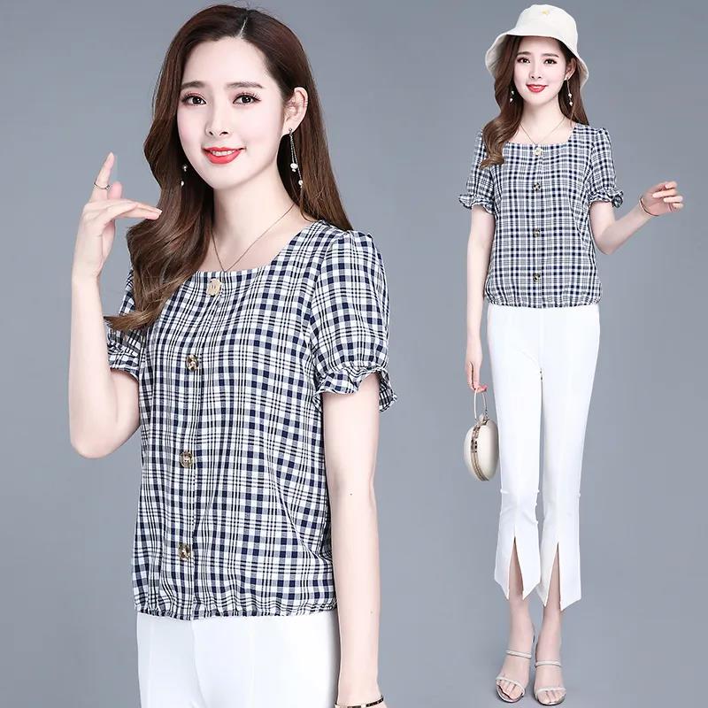 Women's Summer Plaid Short Sleeve Large Size Casual Loose Square Neck Top