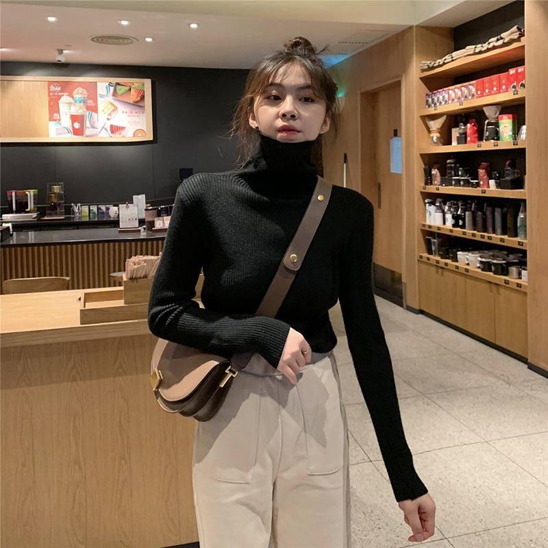 Pofulove Autumn Bottoming Shirt Women Winter Thick Turtleneck Sweater Pile Collar Tight Long-sleeved