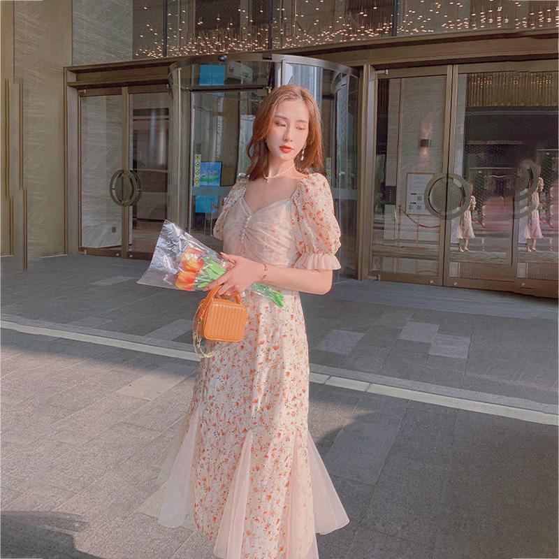 Net Yarn Splicing Floral Short Sleeve Mermaid Skirt  Women's Summer Dress Printing Knee-length Daily Wear Office Dating Party