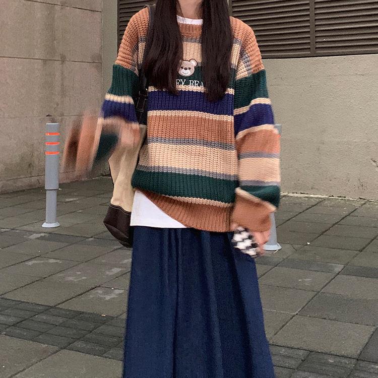 Japanese Cute Bear Mori Sweater Women's Loose Pullover Hit Color Striped Knitted Sweater Top