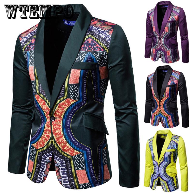 Men's Casual Business Slim Blazer Male National Wind Print Blazer Suit Jacket for Party