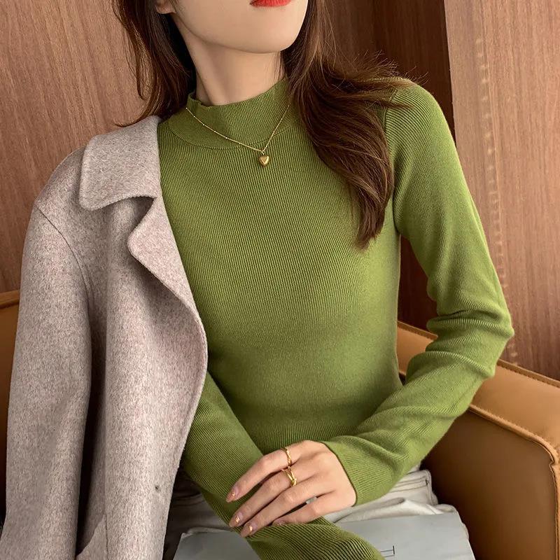 Autumn and Winter Half Turtleneck Slim Sweater Women's Simple Commuter Long-sleeved Top All-match Fashion Bottoming Shirt