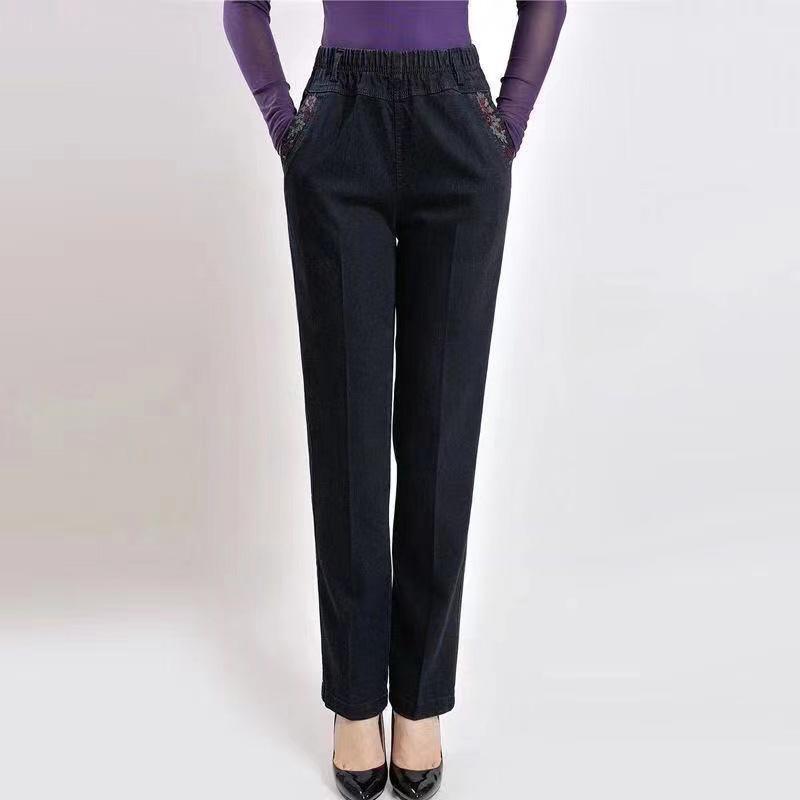 Flower Embroidered Jeans Women's Spring and Autumn Large Size Elastic Denim Pants Casual Trousers High Waist Straight Loose Denim Pants