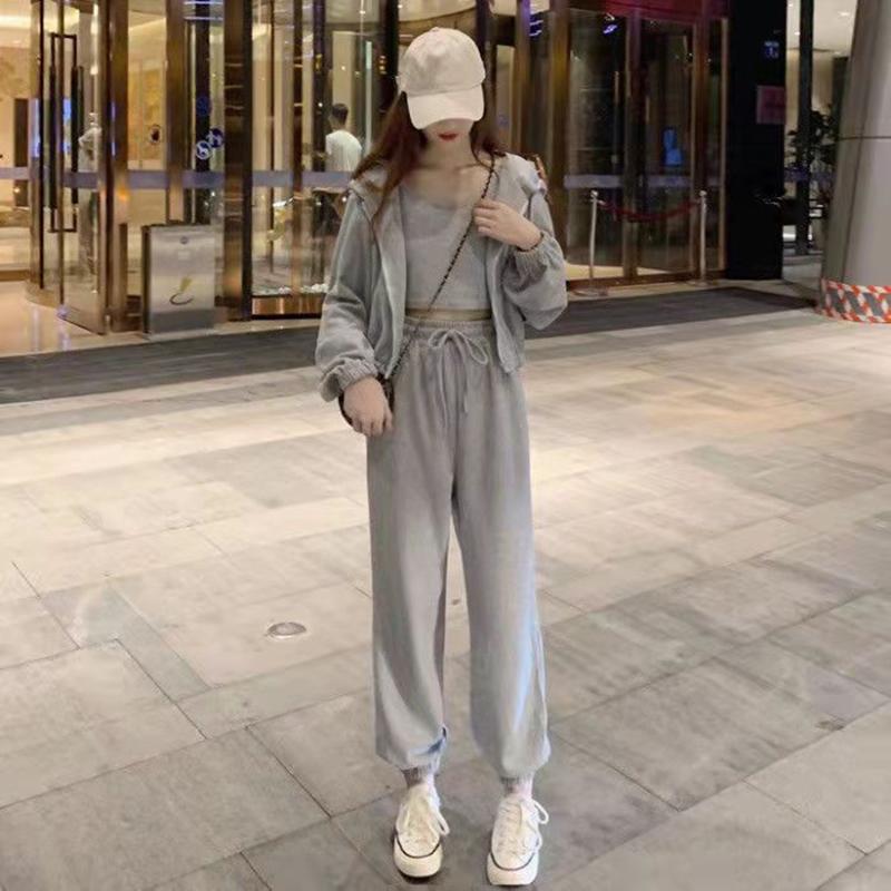 3PCS Women's Spring and Autumn Casual Suit Korean Loose Sports Suit Ladies Vest + Hooded Cardigan + Jogging Pants Fitness Three-piece Suit