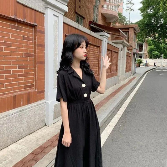 Dress Women Button Solid Color High Waist Turn-down Collar Girls Summer Holiday Short Sleeve A-line Dress