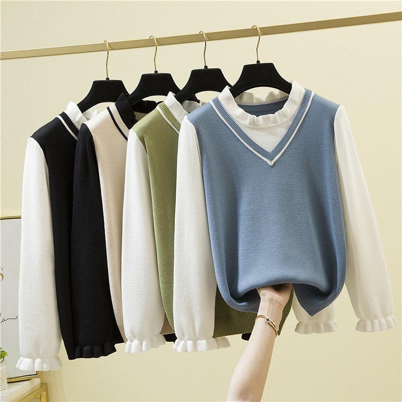 Fall/winter Korean Version of Loose Outer Wear All-match Fake Two-piece Japanese Sweater Sweater Top Women's Bottoming Shirt