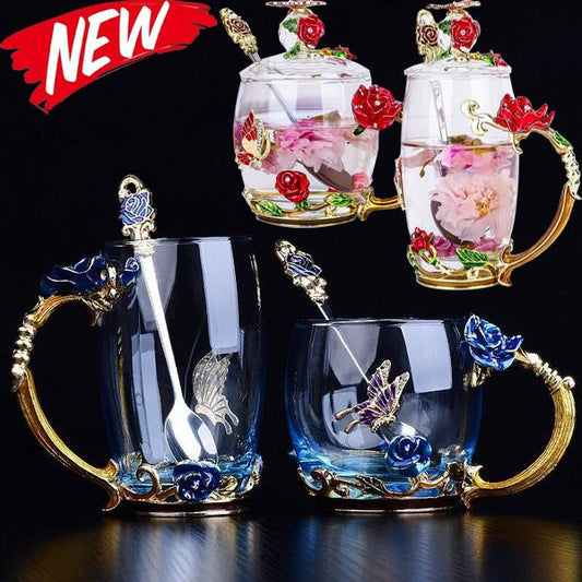 Enamel Glass Cup Heat-resistant Tea Brewing Coffee Cup Flower Tea Cup Creative Light Luxury Gift Boxed Teacher's Day Gift
