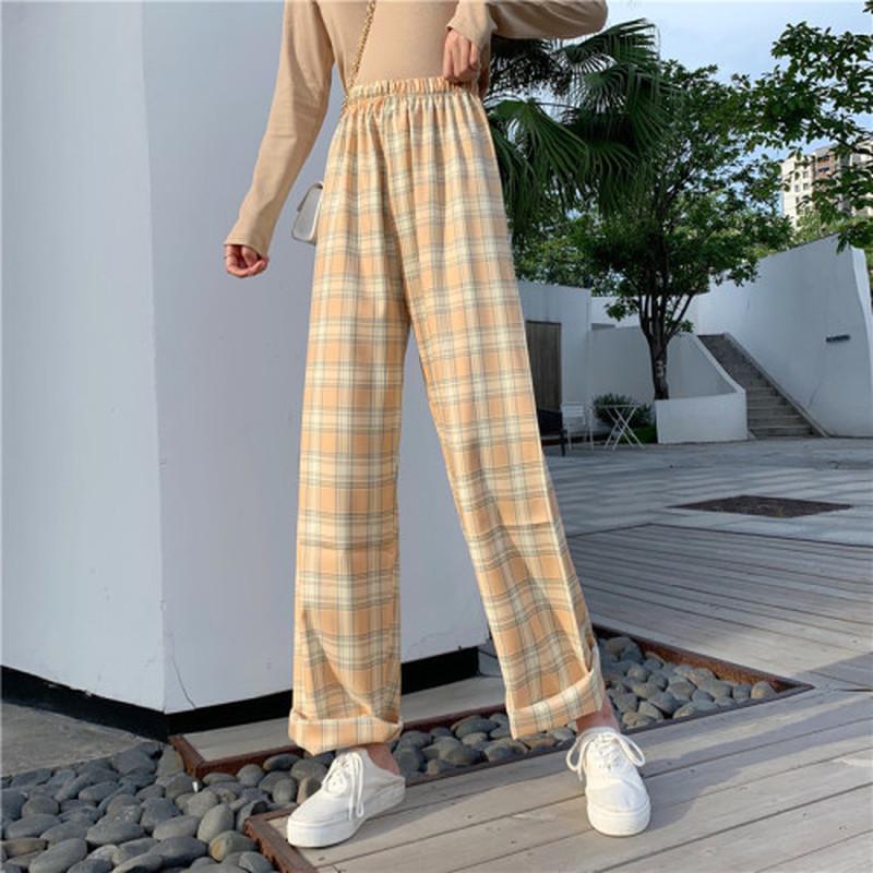 Women Wide Leg Pants 2021 Spring Summer Female High Waist Loose Casual Plaid Chiffon Pant Long Trousers Streetwear Plus Size 4XL