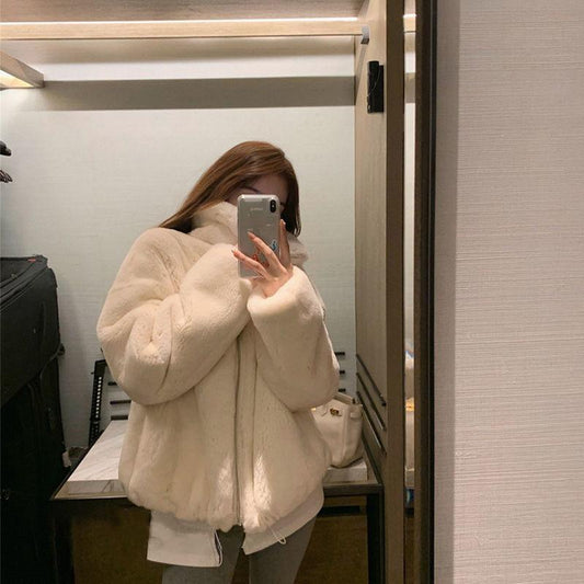 Fashion Western Style Fur Coat Female Tide Ins Winter Imitation Rex Rabbit Fur Korean Style Loose Stand-up Collar Women's Short Coat