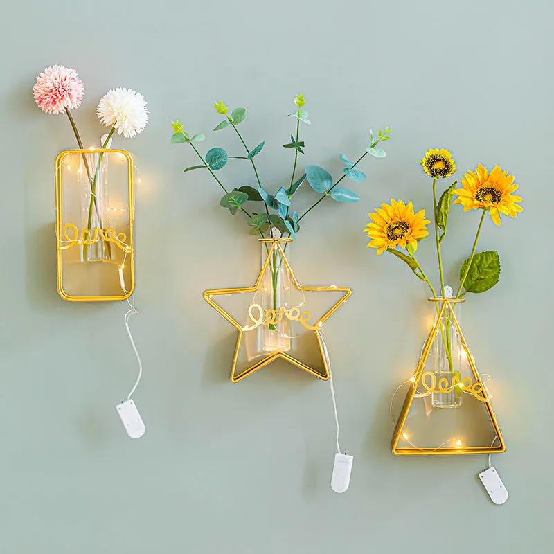Iron Art Flower Arrangement Flower Device Wall Decoration Pendant Wall-mounted Flower Stand with Light Strip