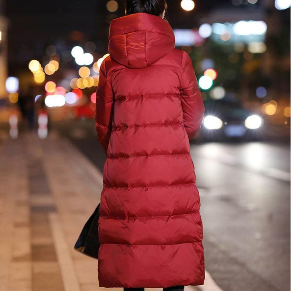 White Duck Down Jacket Women's Hooded Thickened Simple Long Over-the-knee Slim Coat