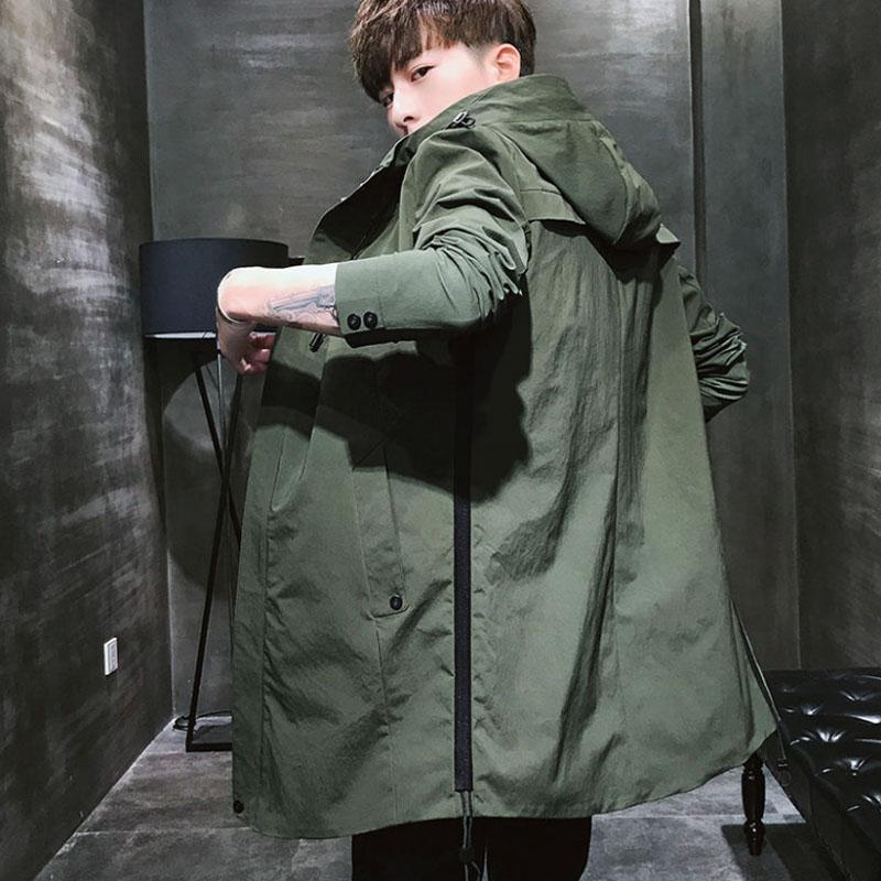 Spring Men Waterproof Windbreaker Hooded Jacket Casual Loose Comfortable Parka Solid Color Trend Coat Long